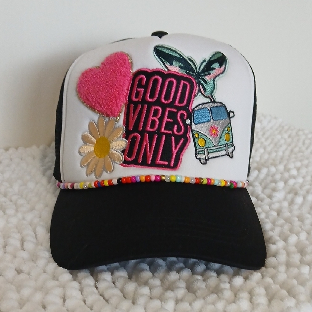 Retro Style Boho Girly GOOD VIBES ONLY Floral Heart Butterfly Patch Trucker Hat